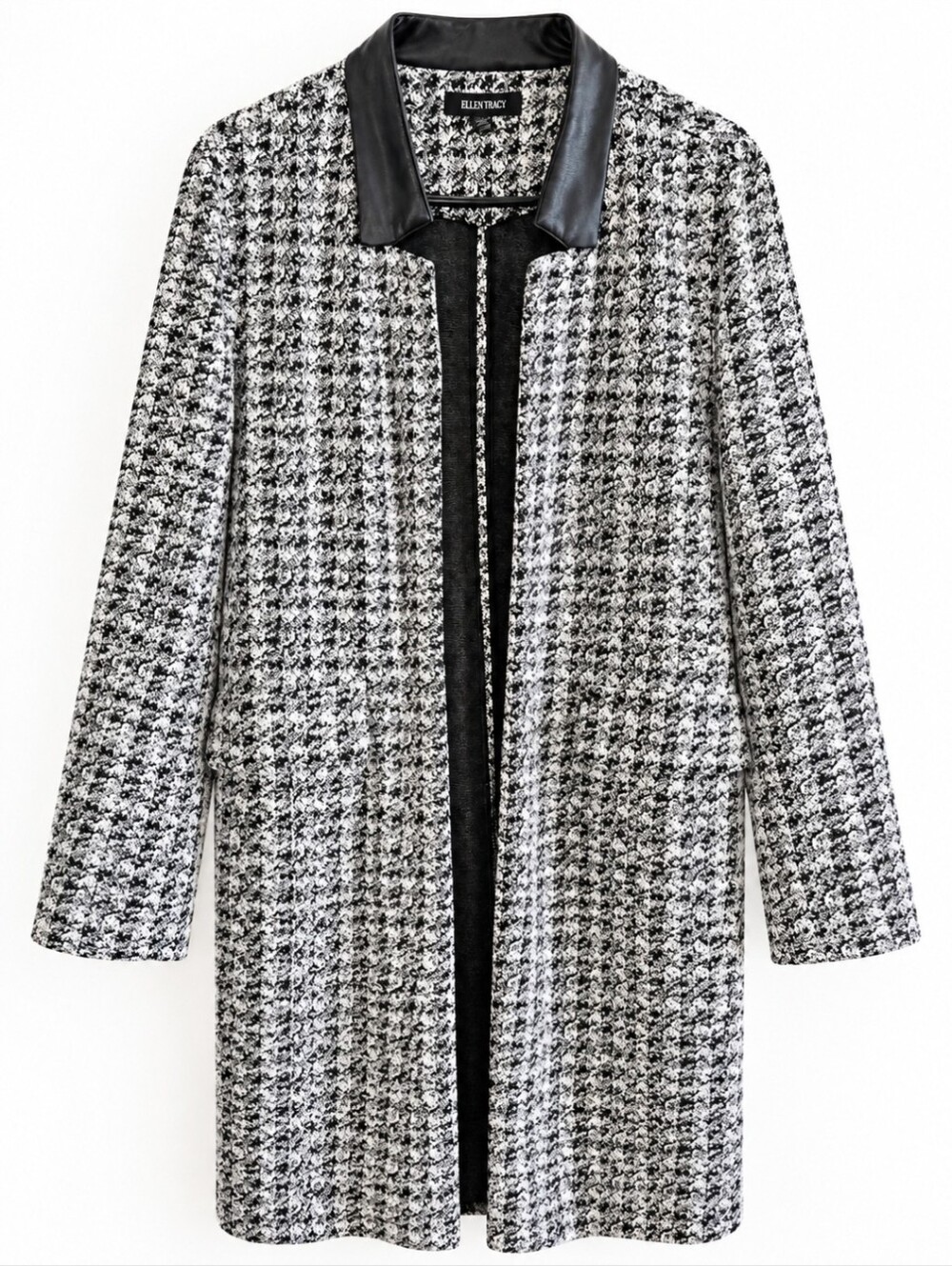 Ellen Tracy Duster Jacket Women's XL Black White Jacquard Faux Leather Collar